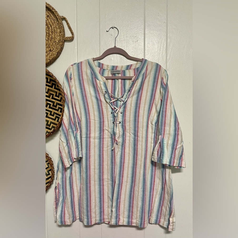 Catherine's Women's Multicolored Striped Lace Up Linen Blend Blouse Sz 1X